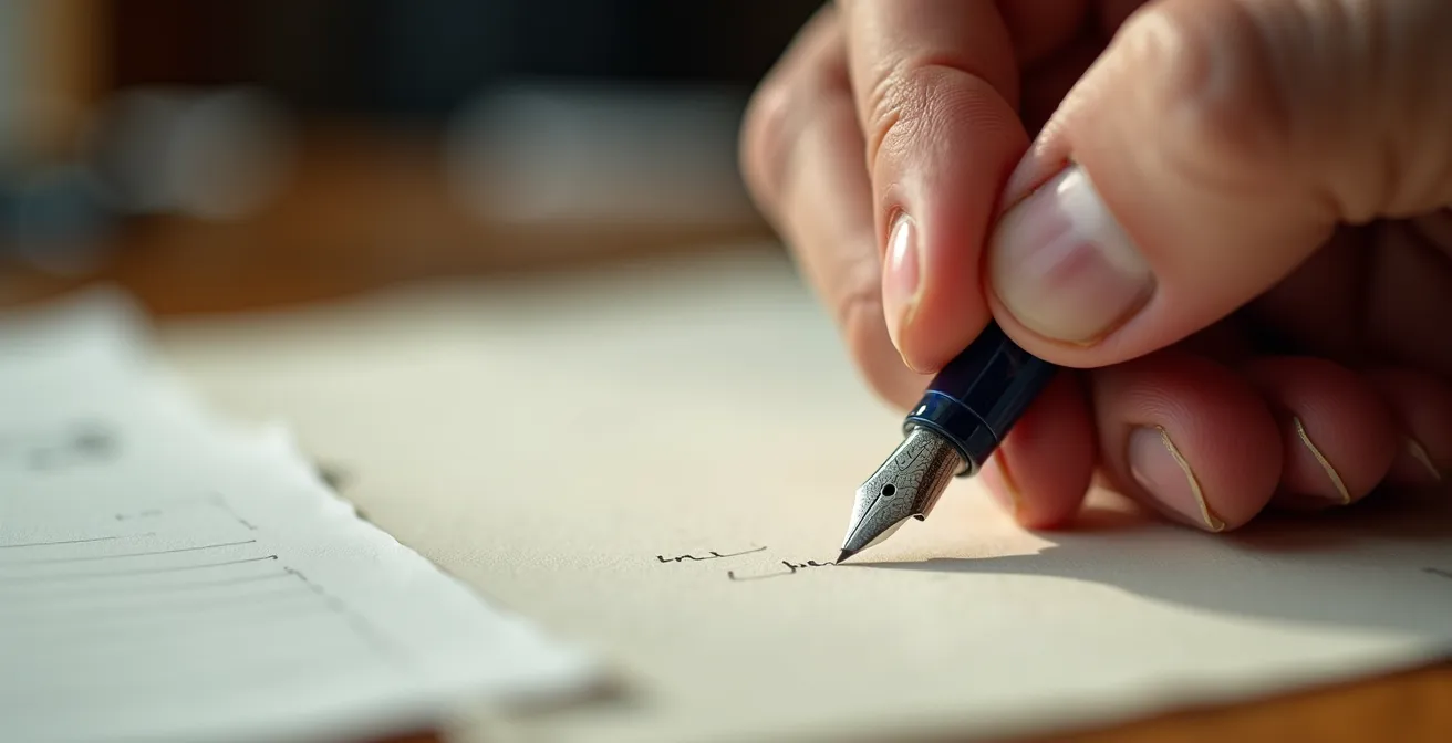 Détail macro d'une main écrivant sur un document, symbolisant la rédaction minutieuse d'une clause bénéficiaire