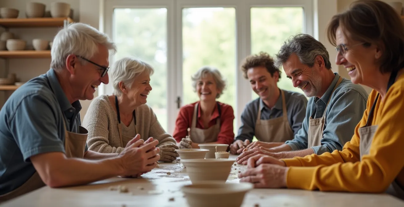 Groupe de seniors participant à une activité collective dans une résidence