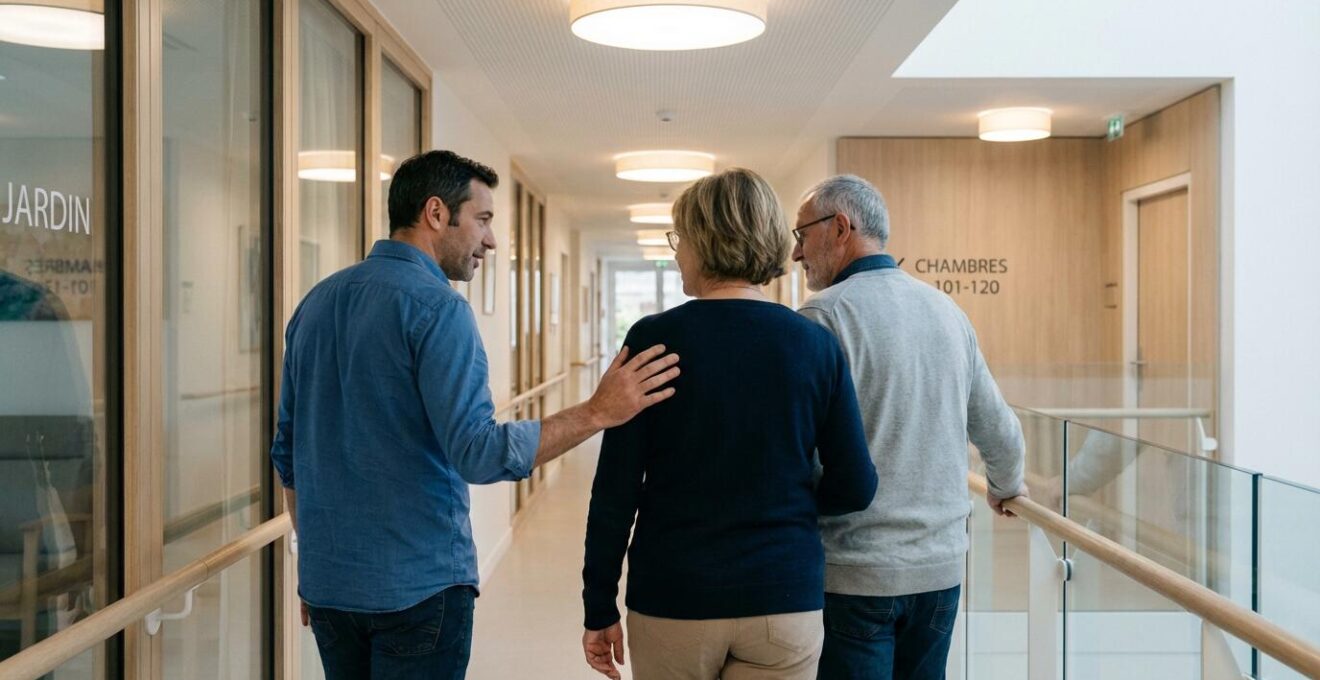 Conseiller spécialisé accompagnant une famille lors d'une visite d'EHPAD parisien