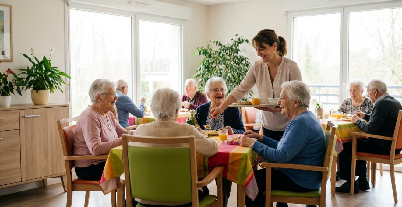 Moment du repas dans la salle de restaurant d'un EHPAD parisien avec résidents et aide-soignante