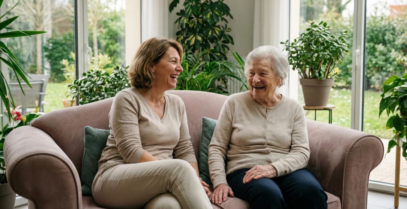 Proche aidant rendant visite à sa mère âgée dans l'espace commun lumineux d'un EHPAD parisien