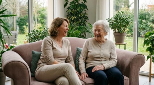 Proche aidant rendant visite à sa mère âgée dans l'espace commun lumineux d'un EHPAD parisien