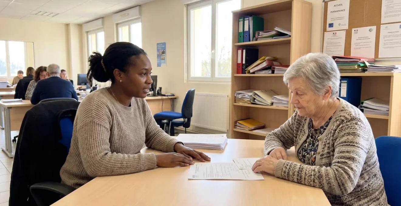 Deux femmes dans un bureau de consultation moderne et lumineux, une assistante sociale expliquant des documents à une personne âgée, interaction naturelle, ambiance professionnelle chaleureuse, lumière naturelle de fenêtre