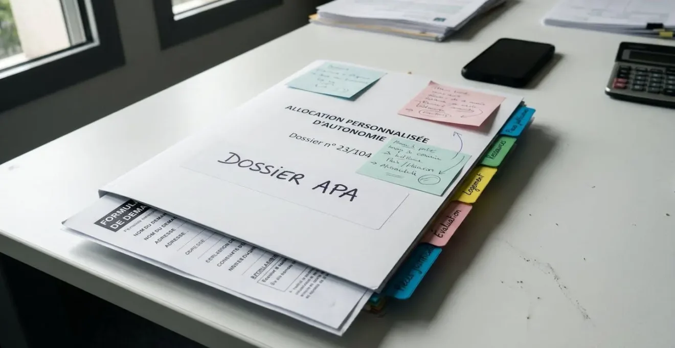 Gros plan sur un dossier administratif organisé avec sections codées par couleur et notes autocollantes, concept de préparation, bureau moderne propre, lumière naturelle