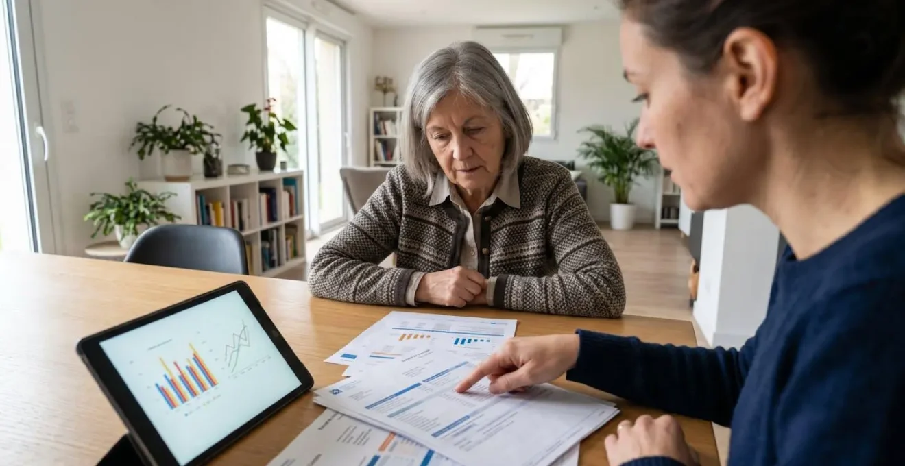 Femme senior de 75 ans et sa fille de 50 ans examinent ensemble des documents financiers détaillés à une table de salle à manger moderne, lumière naturelle latérale douce