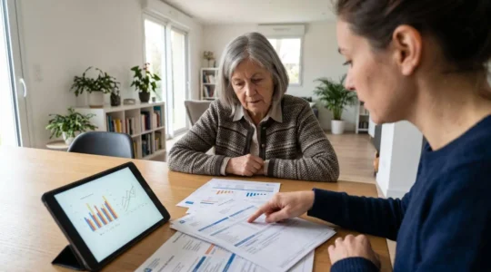 Femme senior de 75 ans et sa fille de 50 ans examinent ensemble des documents financiers détaillés à une table de salle à manger moderne, lumière naturelle latérale douce