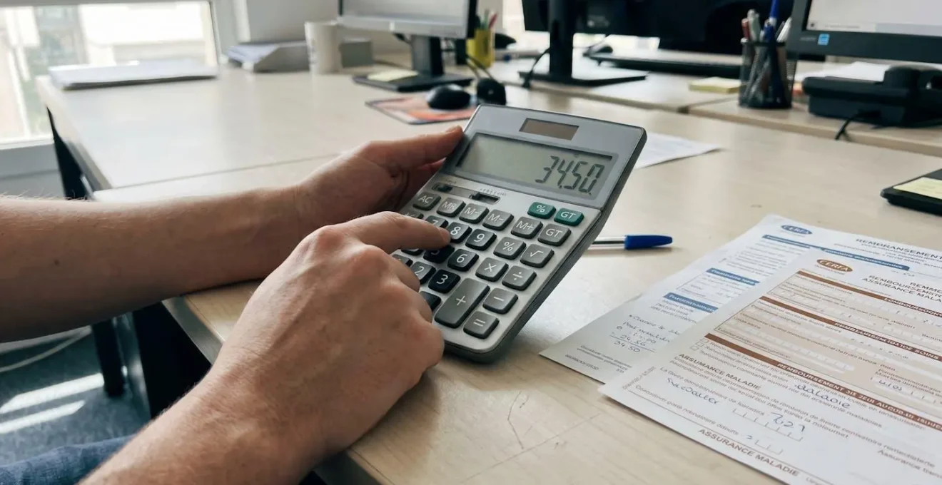 Gros plan sur des mains utilisant une calculatrice moderne sur un bureau blanc propre avec des documents budgétaires partiellement visibles, lumière naturelle latérale