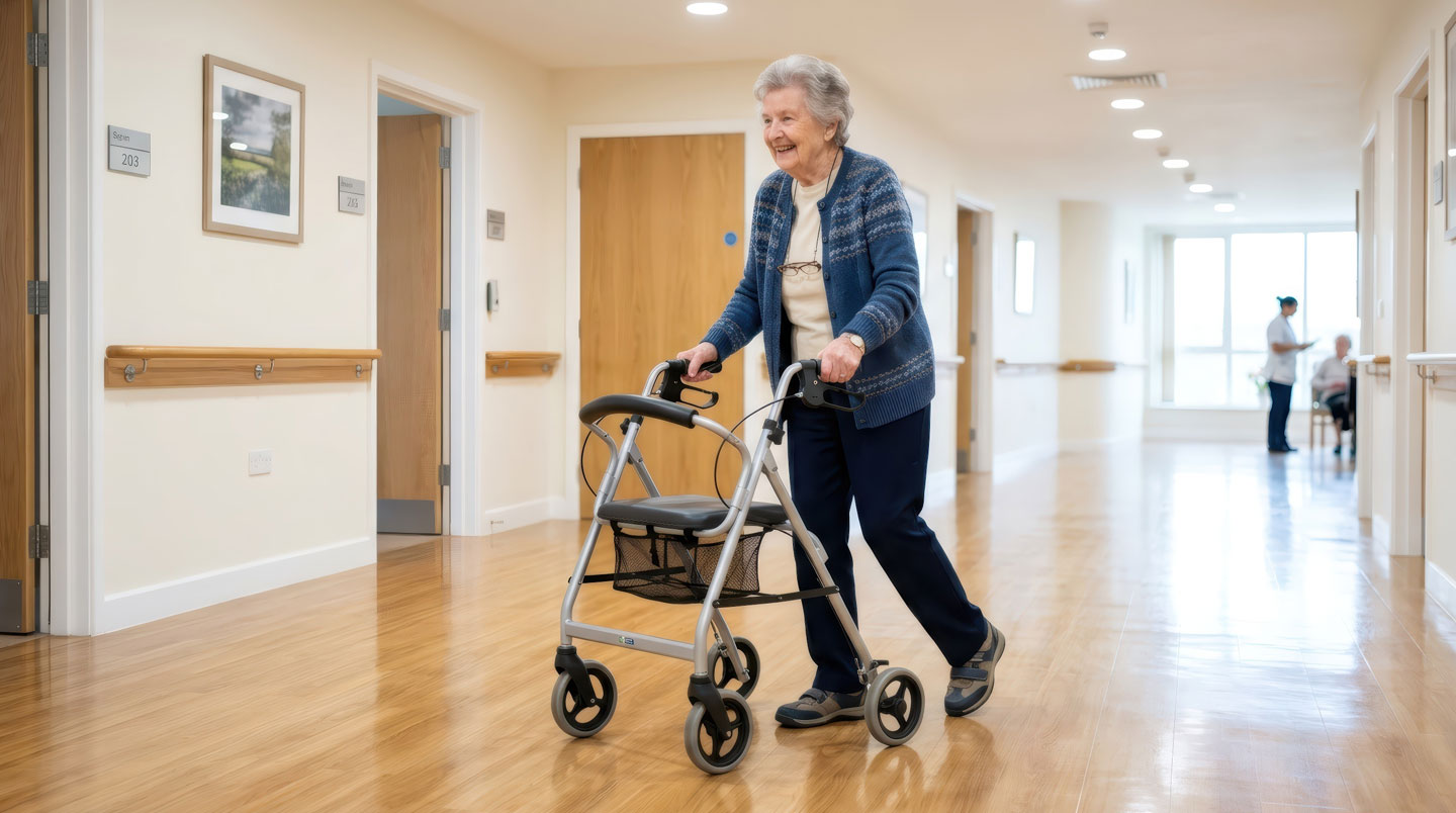 Séance de kinésithérapie en EHPAD : résident senior accompagné par un kinésithérapeute lors d'un exercice de rééducation aux barres parallèles dans une salle spécialisée