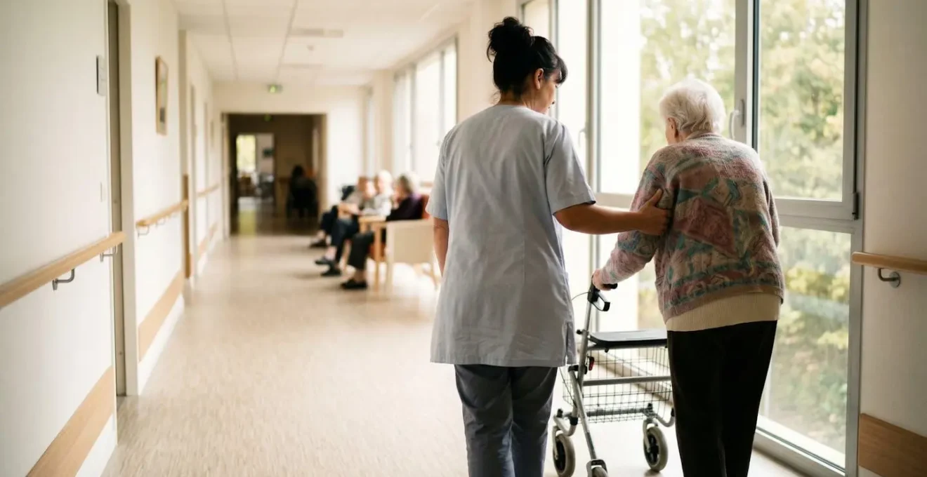 Une aide-soignante accompagne une personne âgée avec déambulateur dans un couloir lumineux d'EHPAD