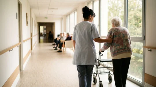 Une aide-soignante accompagne une personne âgée avec déambulateur dans un couloir lumineux d'EHPAD