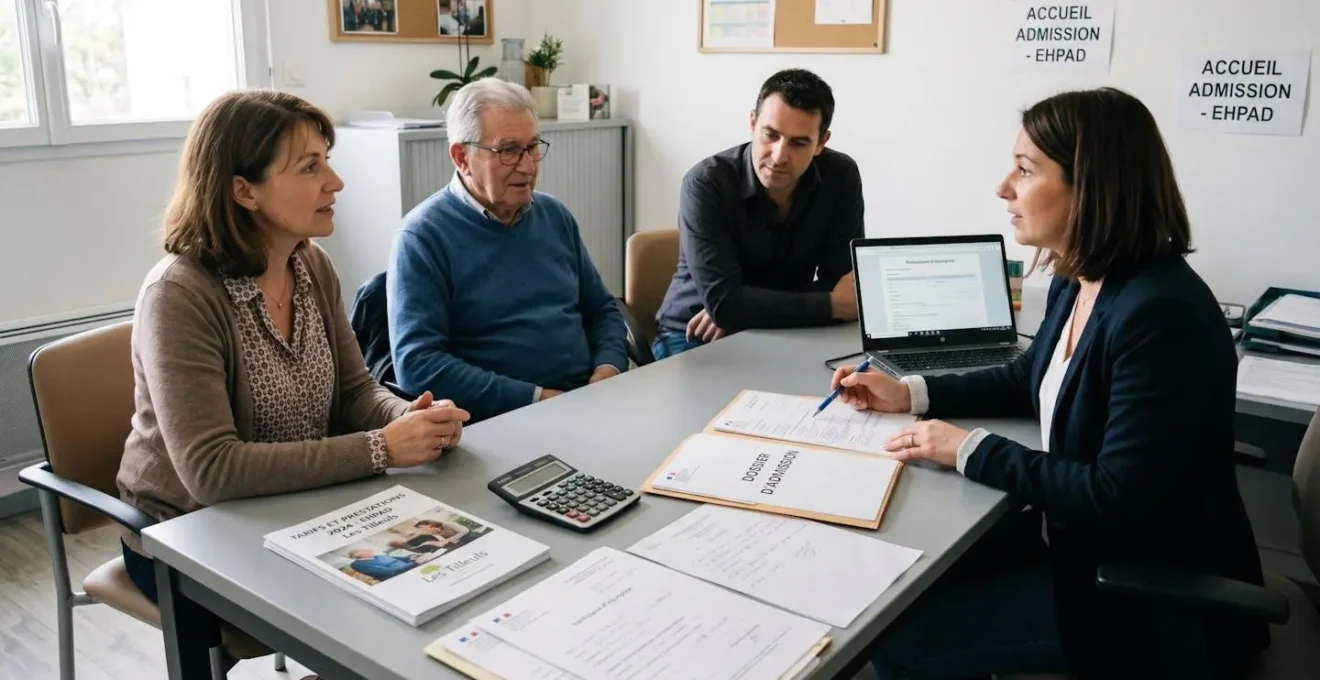 Entretien d'admission en EHPAD : famille rencontrant une responsable administrative pour discuter du dossier d'admission et des modalités tarifaires dans un bureau d'établissement