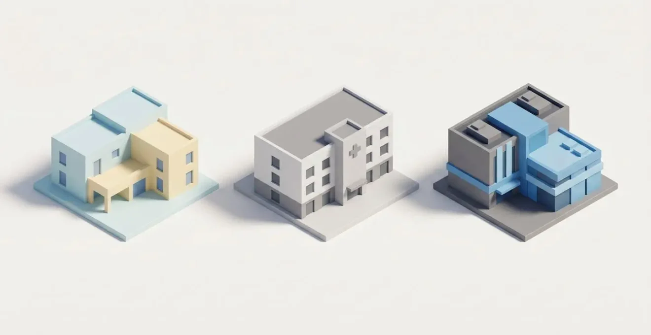 Illustration 3D isométrique de trois types d'établissements pour personnes âgées : résidence autonomie, EHPAD et USLD