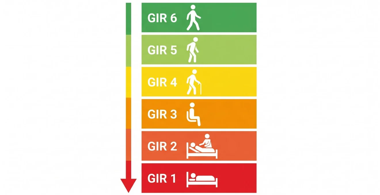 Infographie représentant les 6 niveaux GIR de la grille AGGIR, de l'autonomie (GIR 6, vert) à la dépendance totale (GIR 1, rouge)
