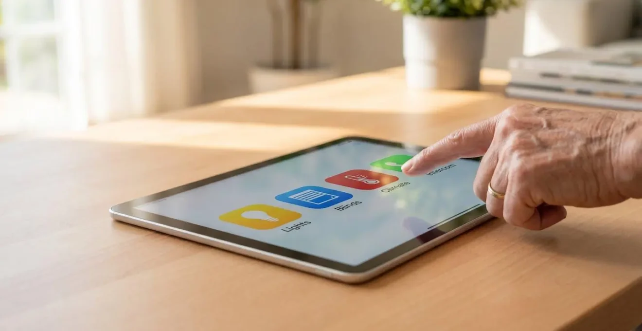 Tablette tactile avec interface domotique simplifiée affichant de grands pictogrammes colorés, une main âgée s'apprêtant à interagir avec l'écran.