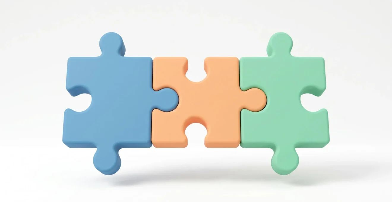 Trois pièces de puzzle en 3D de couleurs différentes emboîtées, symbolisant les trois composantes de la tarification en EHPAD