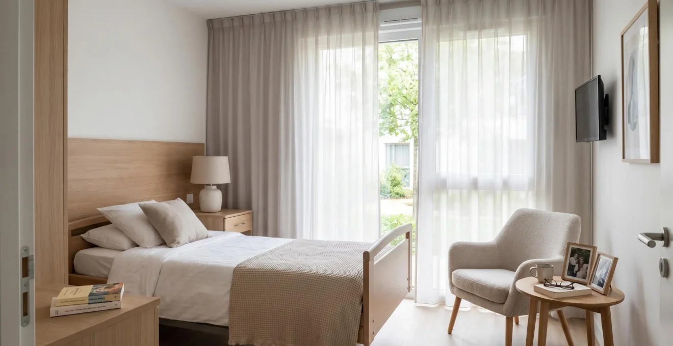 Chambre EHPAD individuelle contemporaine avec lit, fauteuil et fenêtre lumineuse, aménagée dans des tons clairs et chaleureux
