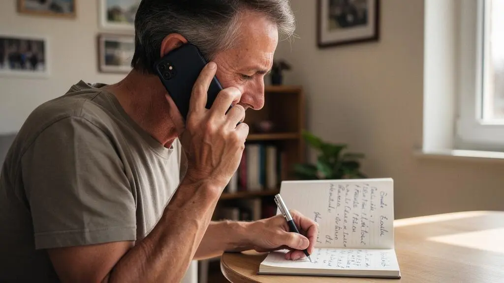 Personne passant un appel téléphonique avec une caisse de retraite tout en prenant des notes sur un bloc