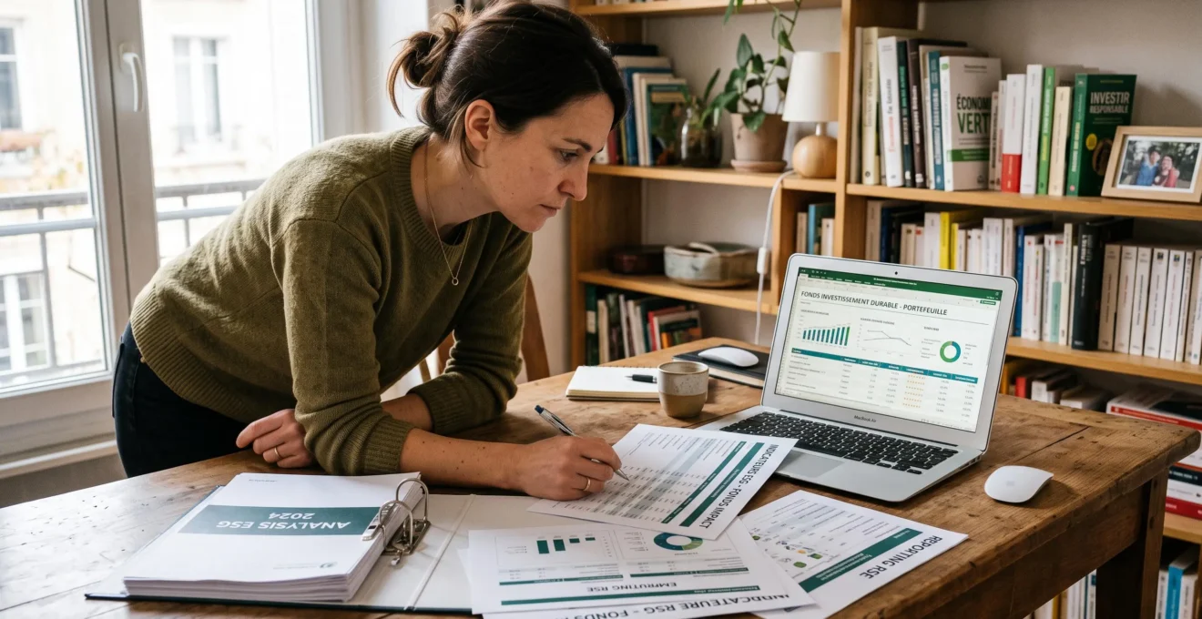 Personne examinant des documents de reporting extra-financier et de fonds d'investissement durable sur une table de travail à domicile