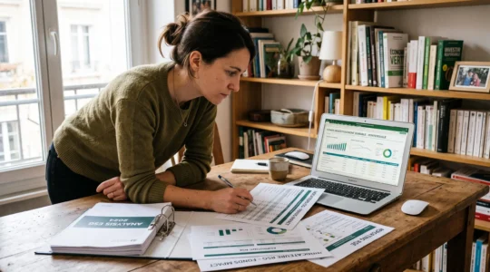 Personne examinant des documents de reporting extra-financier et de fonds d'investissement durable sur une table de travail à domicile