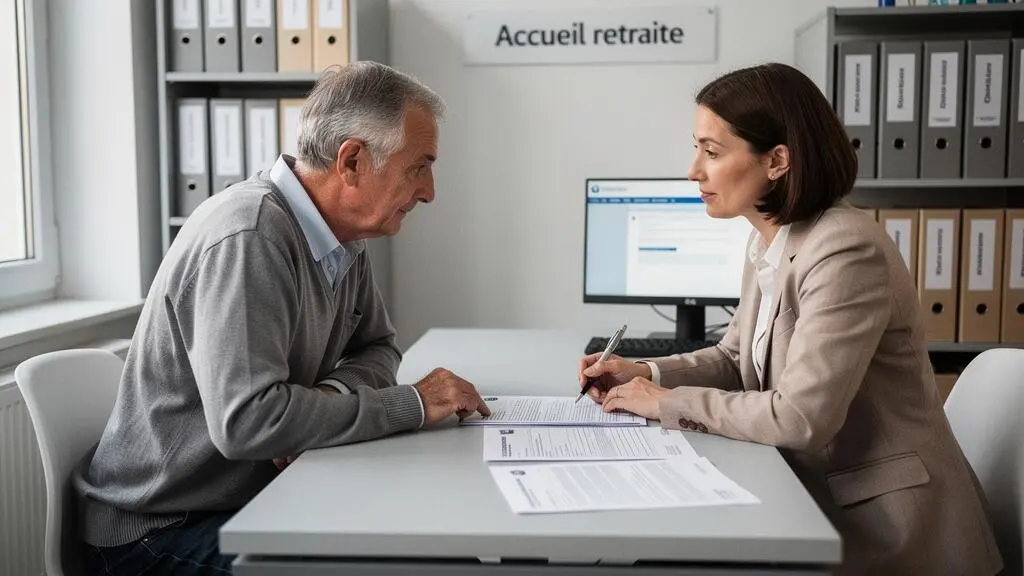 Conseiller retraite rencontrant un futur retraité dans une agence de pension française pour examiner ses documents de liquidation