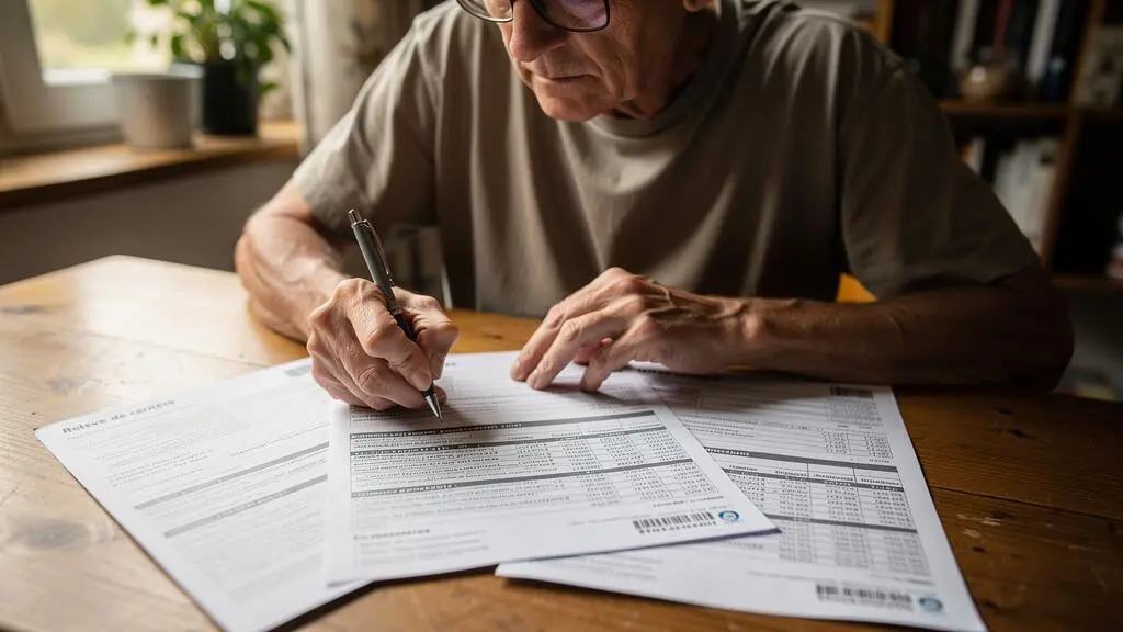 Personne vérifiant attentiemment son relevé de carrière officiel à domicile avec un stylo et des lunettes de lecture