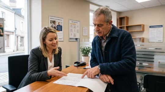 Un homme d'environ 60 ans étudie un contrat de retraite avec un conseiller au comptoir d'une agence mutualiste en France.