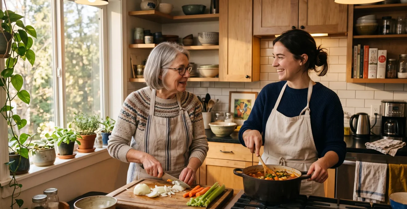 Senior et jeune adulte préparant ensemble un repas dans la cuisine de leur logement partagé en colocation intergénérationnelle