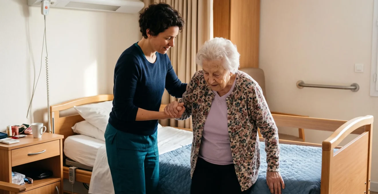 Soignante accompagnant avec bienveillance une résidente âgée dans sa chambre d'EHPAD lors d'une aide à la mobilité