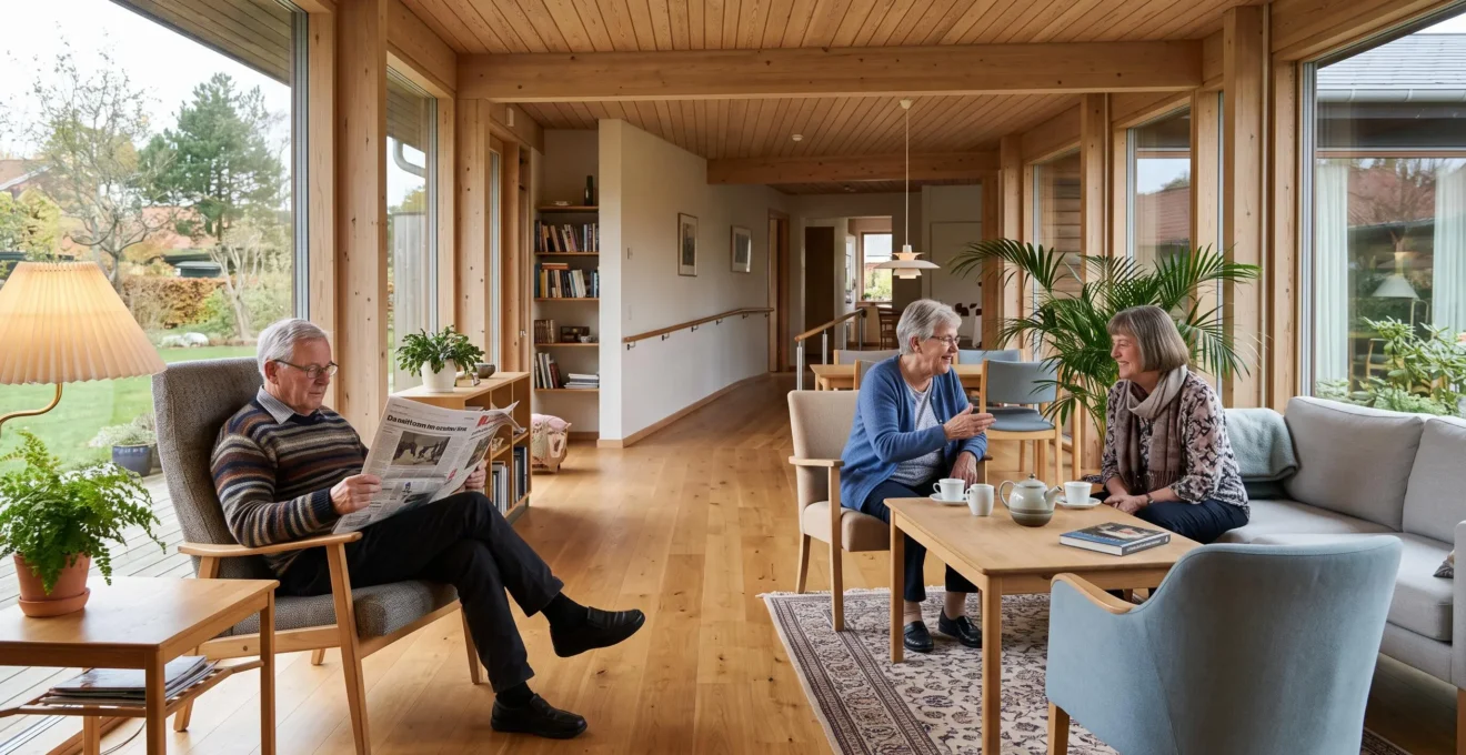 Espace de vie commun lumineux d'une résidence services seniors moderne avec plusieurs résidents autonomes dans un cadre chaleureux et convivial