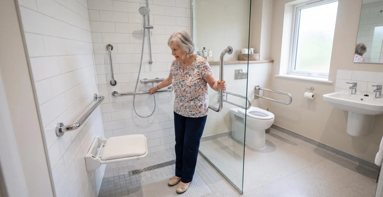 Salle de bain adaptée PMR avec douche italienne, barres d'appui et équipements de sécurité utilisés par une personne âgée